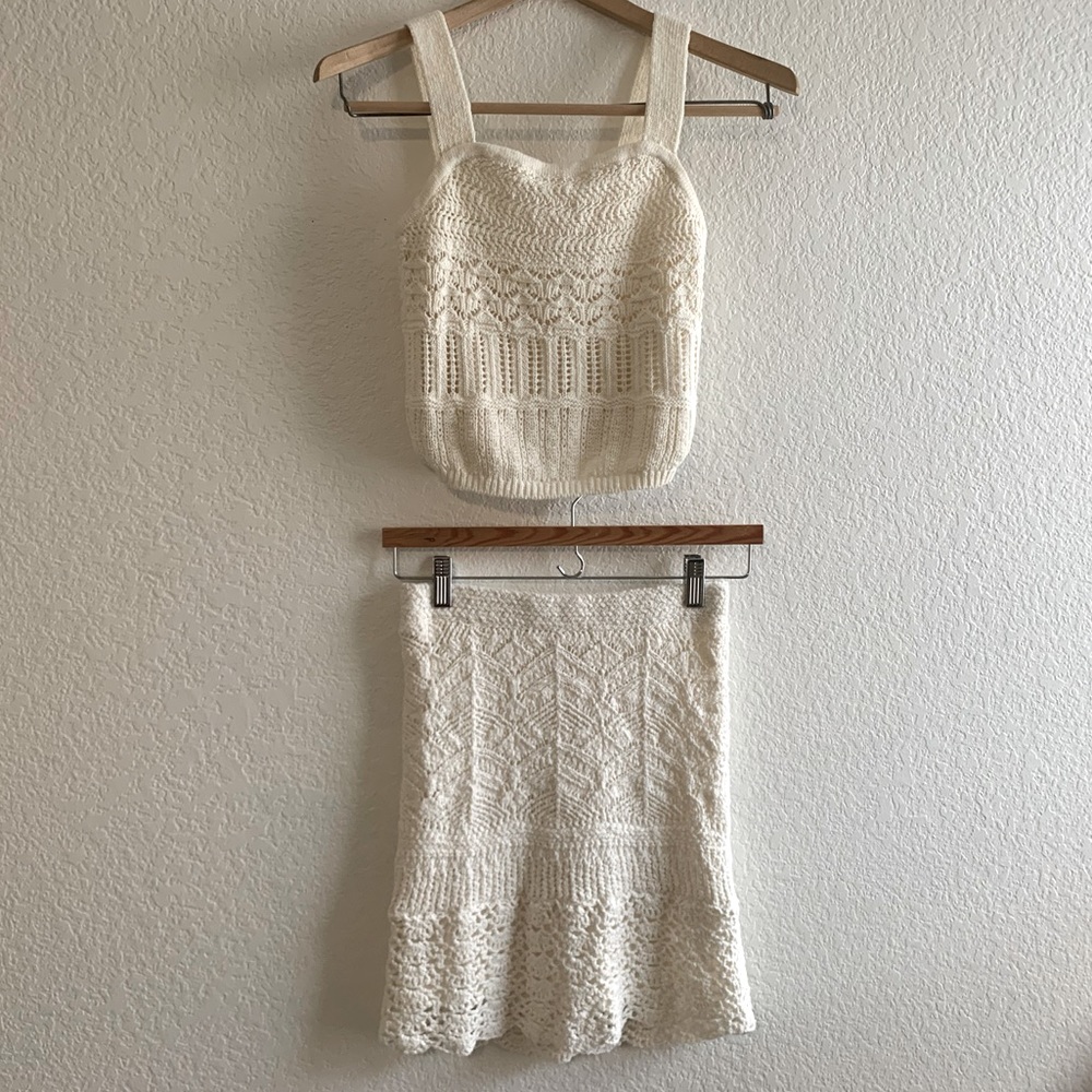 Abercrombie & Fitch Hollister Ivory Off White Knit Crochet Crop Skirt Set XS